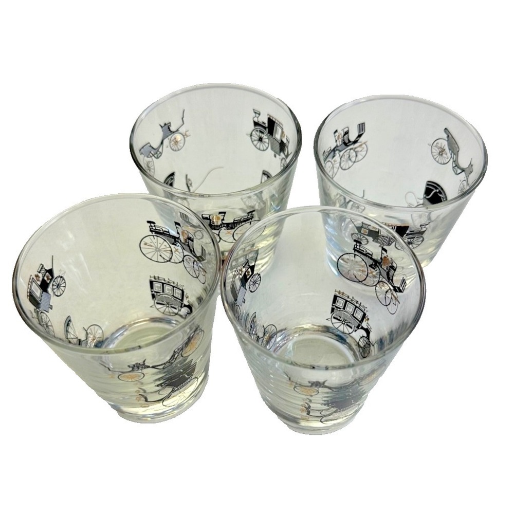 VTG MCM Libbey Bar Glasses Antique Cars Black & Gold Barware Low Ball Set Of 4